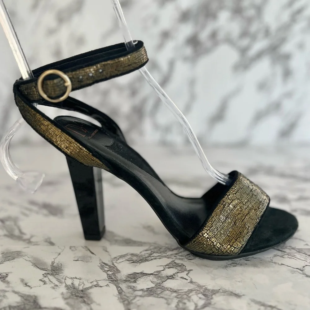Diane Von Furstenberg Sandals Heeled Metallic Ankle Strap Olive Green 6.5